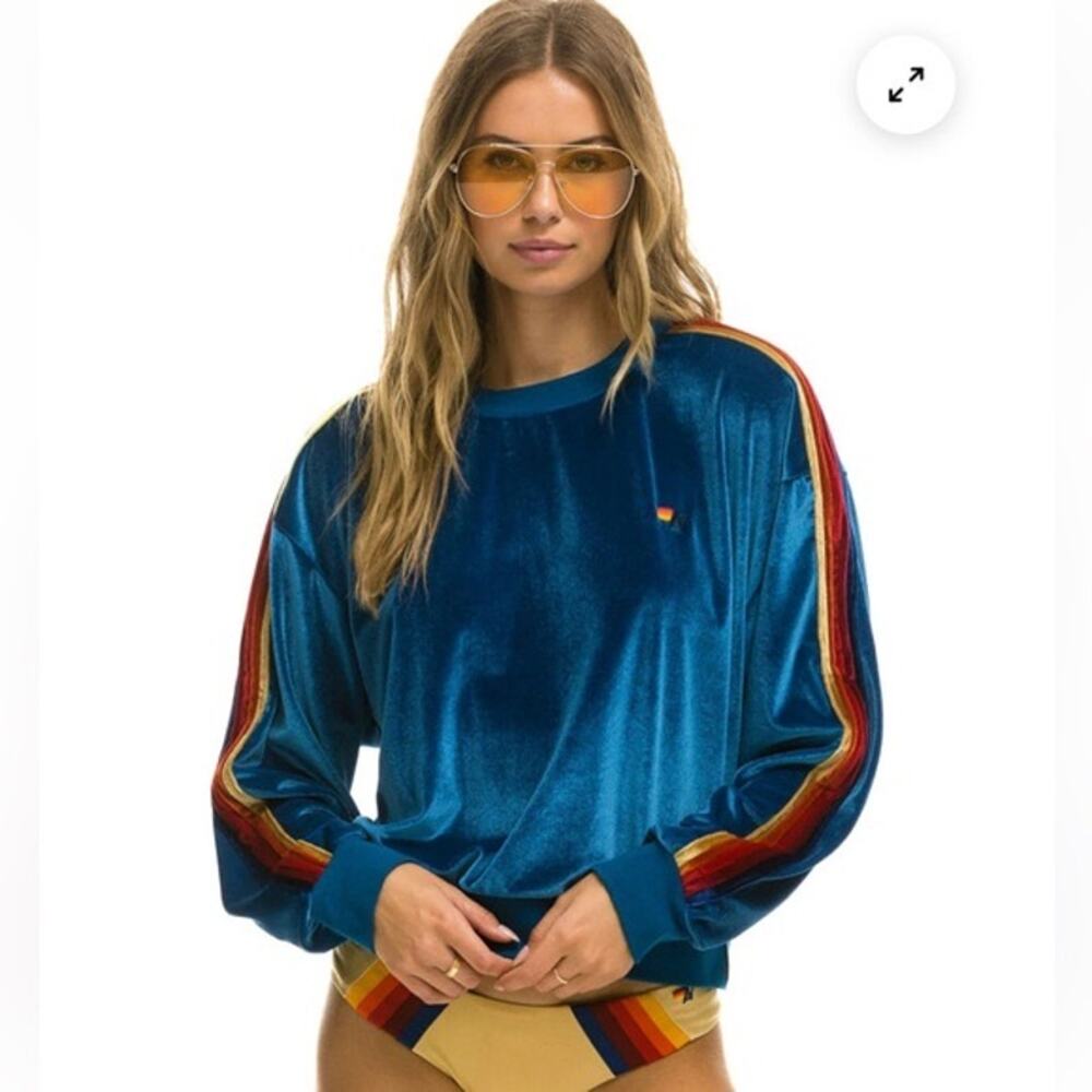 Aviator Nation blue velvet striped crewneck